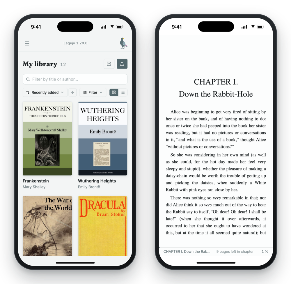 Legejo sur un téléphone : la bibliothèque, et un chapitre d’Alice au pays des merveilles dans le lecteur.