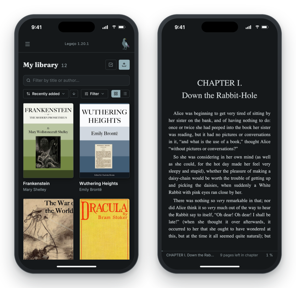 Legejo sur un téléphone, en thème sombre : la bibliothèque, et un chapitre d’Alice au pays des merveilles dans le lecteur.