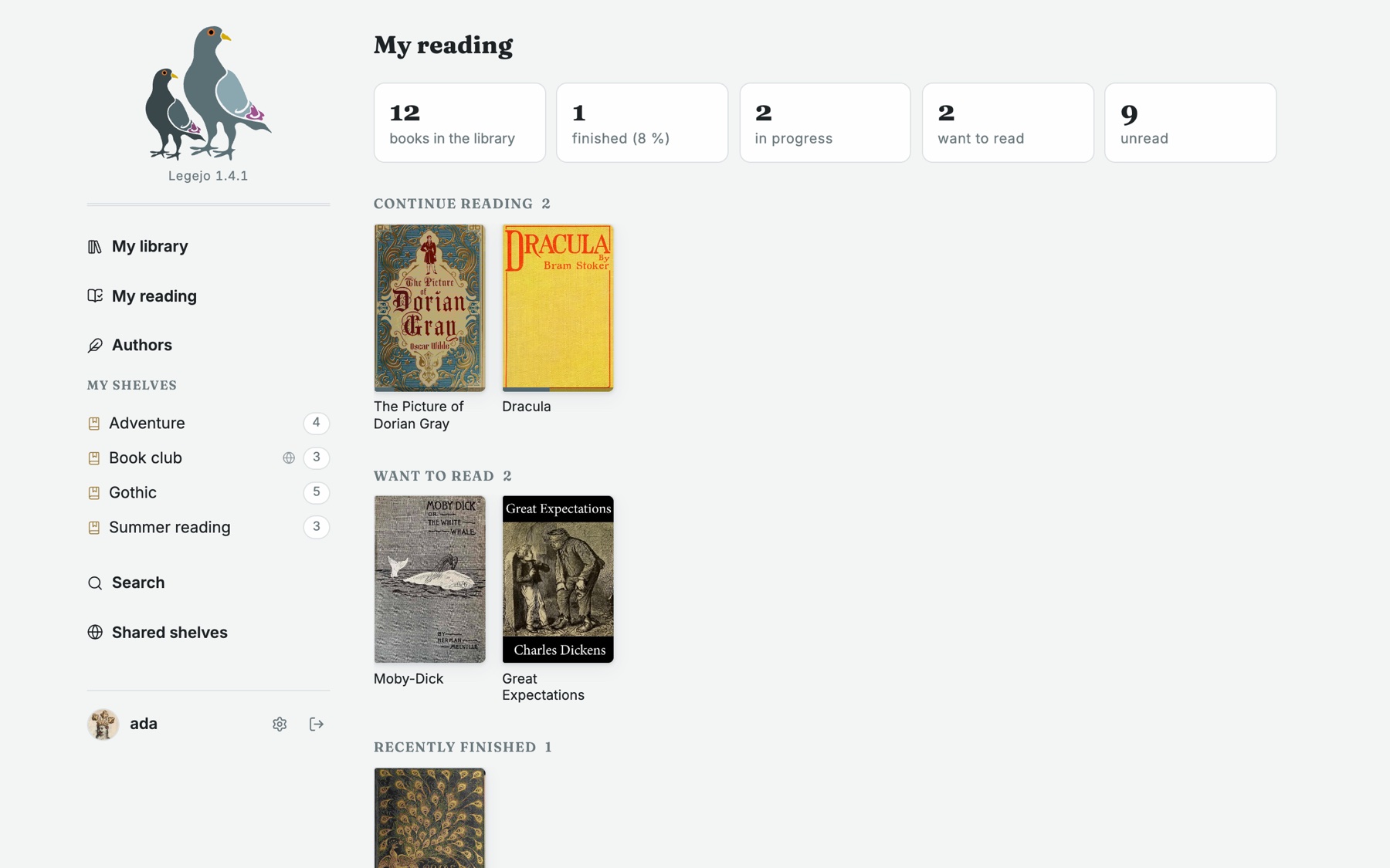 The reading page in Legejo: the books being read, with progress and statistics.